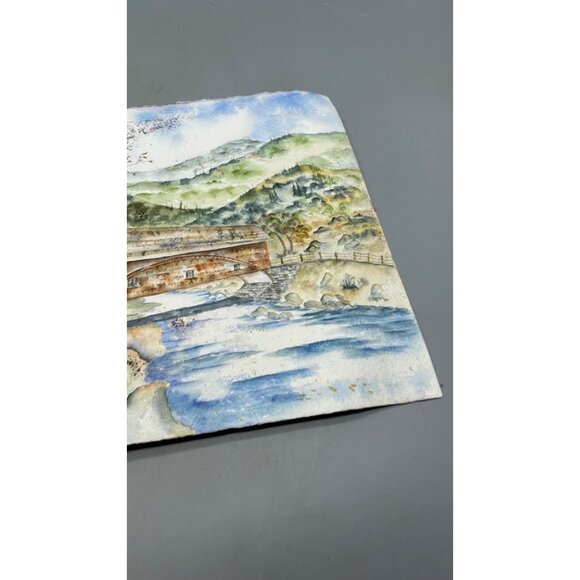 2 sided Watercolor Painting Flowers Vase Scenic Covered Bridge Landscape READ - Picture 11 of 11